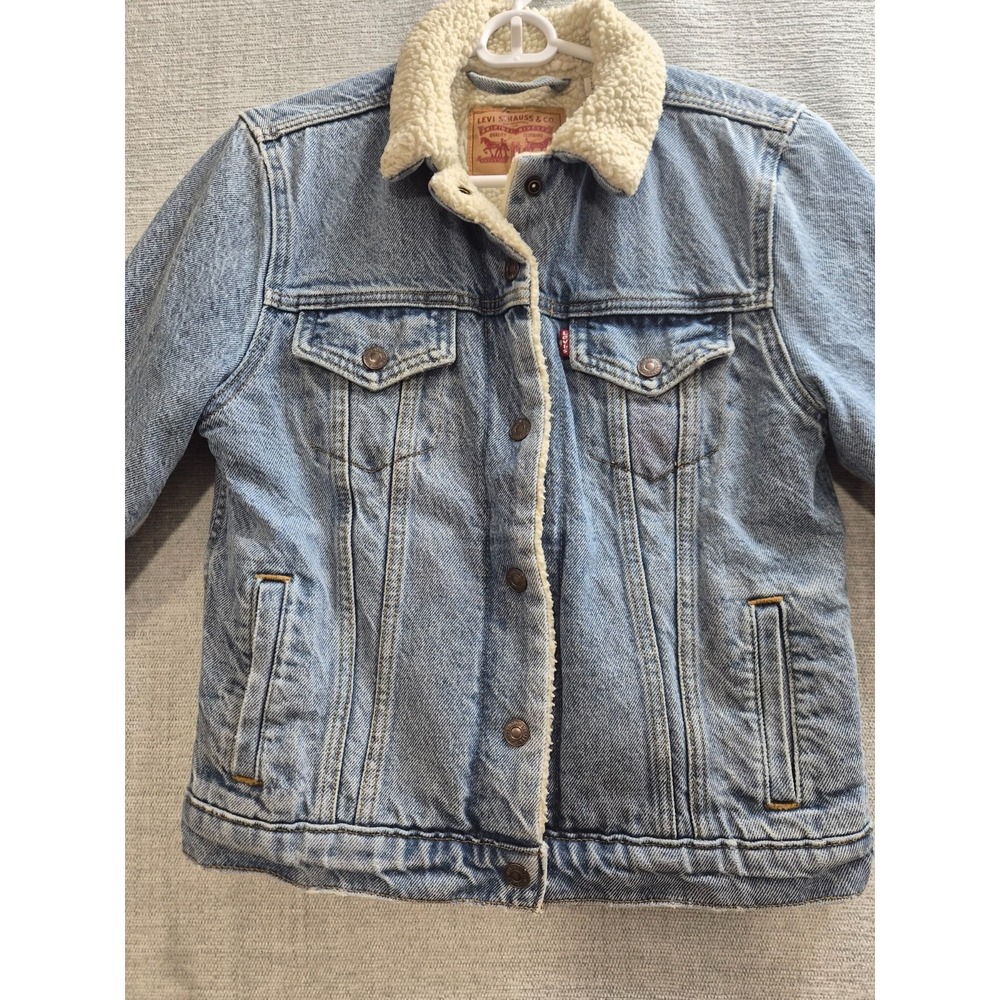 Levi's Boa Trucker Jacket Womens XS Blue Logo Denim Sherpa Lined Snap Front